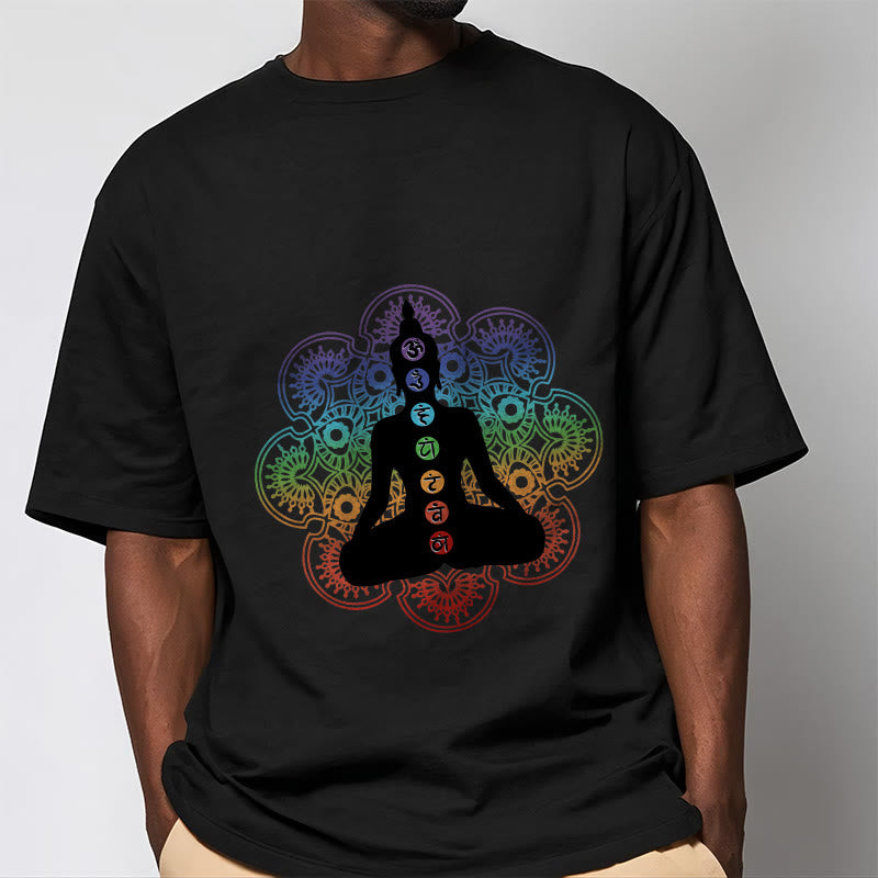 Maglietta casual in cotone con motivo mandala colorato e figura meditativa Buddha Stones - image 2