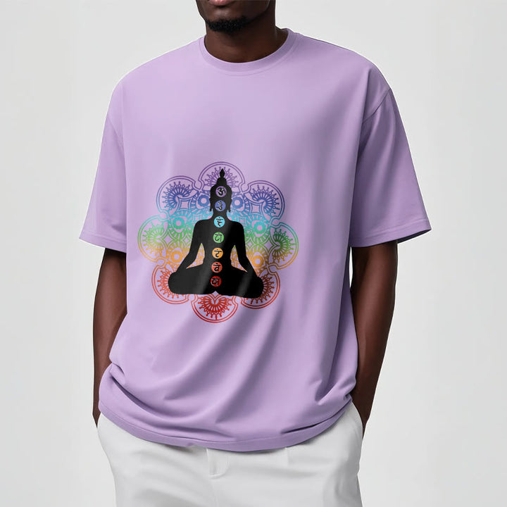 Maglietta casual in cotone con motivo mandala colorato e figura meditativa Buddha Stones - image 18