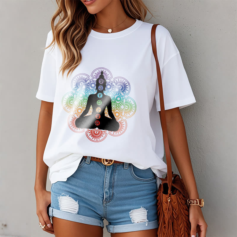 Maglietta casual in cotone con motivo mandala colorato e figura meditativa Buddha Stones - image 8