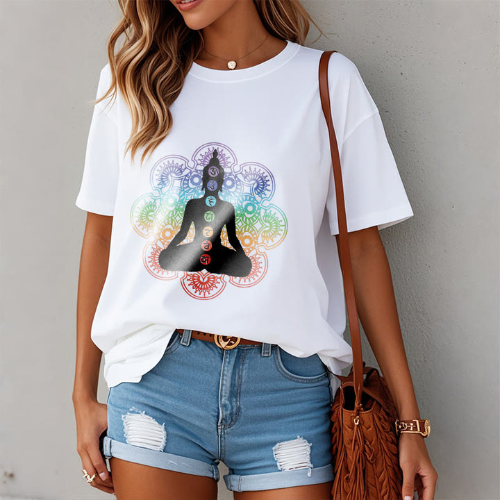 Maglietta casual in cotone con motivo mandala colorato e figura meditativa Buddha Stones - image 8