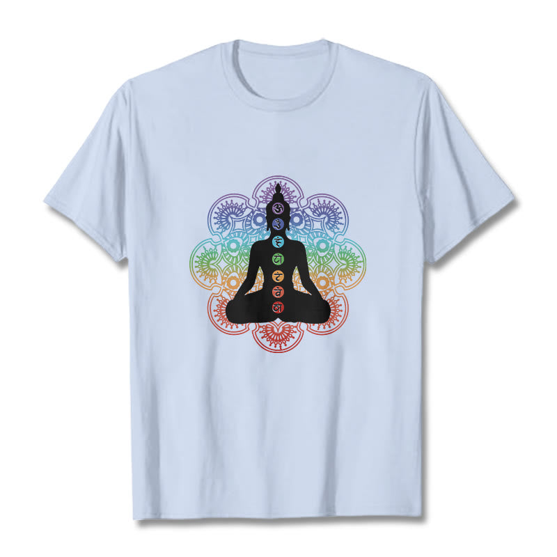 Maglietta casual in cotone con motivo mandala colorato e figura meditativa Buddha Stones - Ciano chiaro - 2XL - image 19