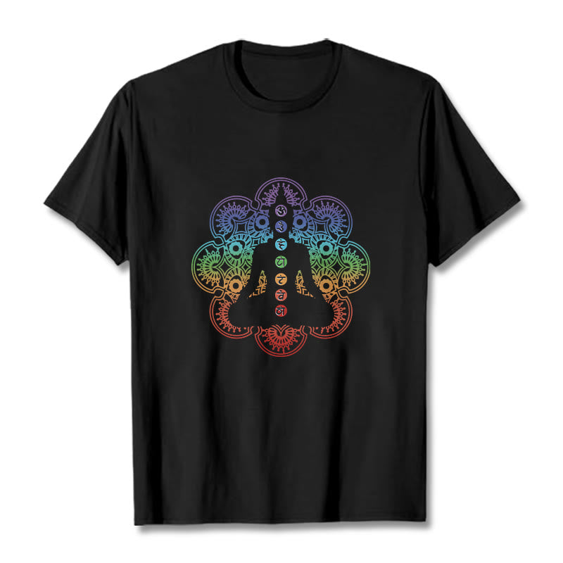 Maglietta casual in cotone con motivo mandala colorato e figura meditativa Buddha Stones - Nero - 2XL - image 1