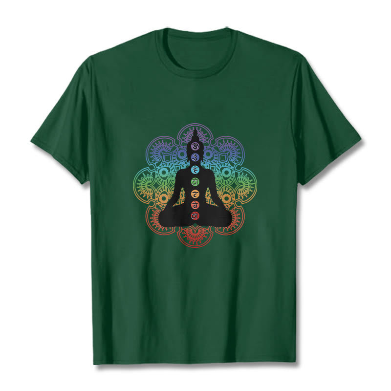 Maglietta casual in cotone con motivo mandala colorato e figura meditativa Buddha Stones - Verde foresta - 2XL - image 11