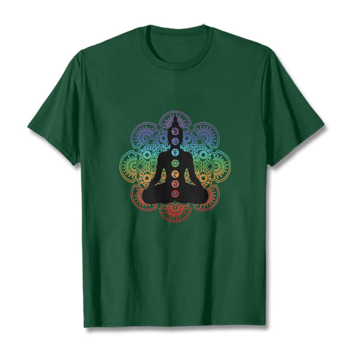 Maglietta casual in cotone con motivo mandala colorato e figura meditativa Buddha Stones - Verde foresta - 2XL - image 11