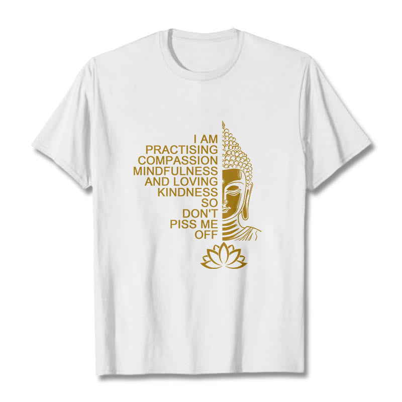 Maglietta casual in cotone con motivo a fiori di loto e lato dorato Buddha Stones - Bianco - 2XL - image 1