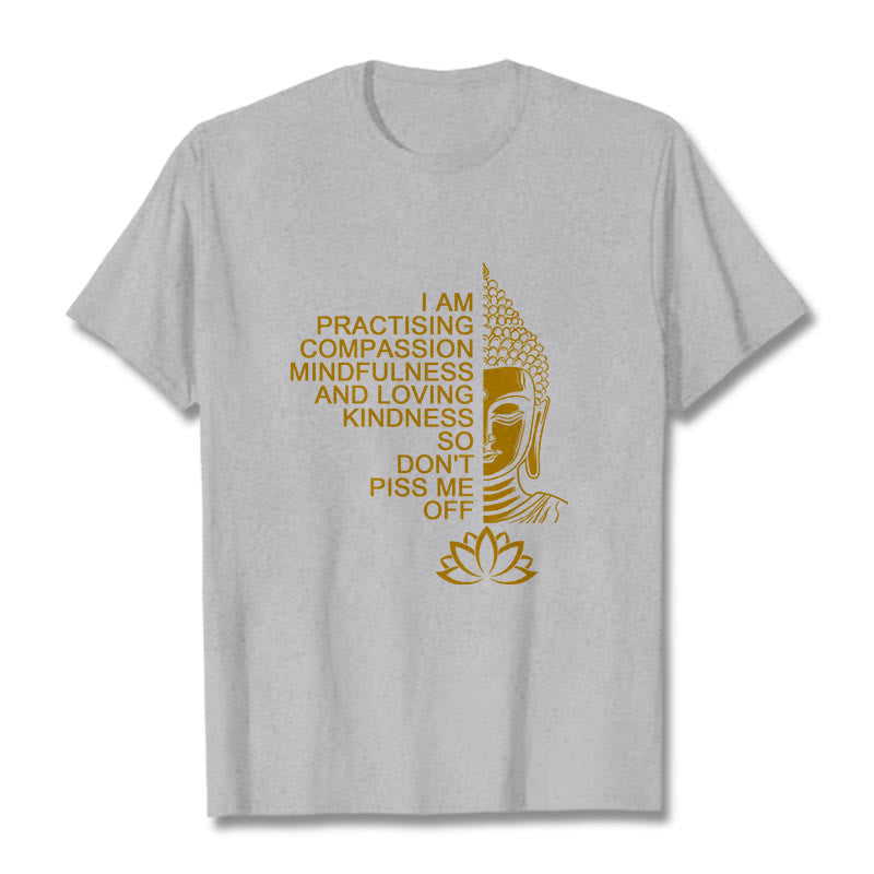 Maglietta casual in cotone con motivo a fiori di loto e lato dorato Buddha Stones - Grigio chiaro - 2XL - image 19