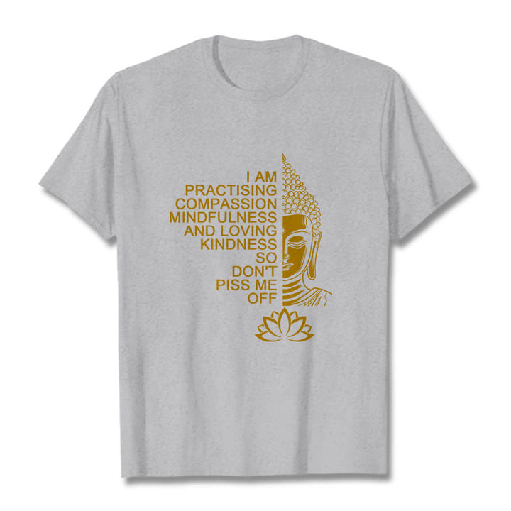 Maglietta casual in cotone con motivo a fiori di loto e lato dorato Buddha Stones - Grigio chiaro - 2XL - image 19