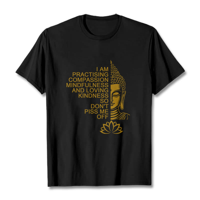 Maglietta casual in cotone con motivo a fiori di loto e lato dorato Buddha Stones - Nero - 2XL - image 5