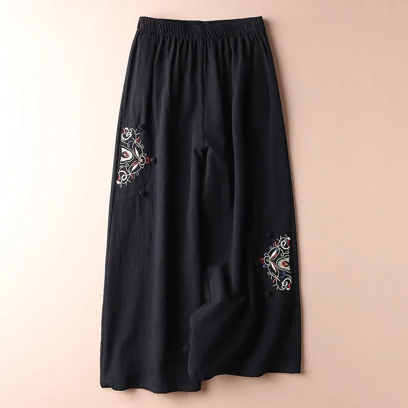 Pantaloni larghi da donna in cotone con ricamo etnico primaverile Buddha Stones e tasche - Nero - US12, UK/AU16, EU44 (4XL) - image 12