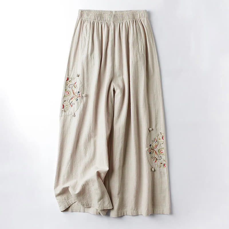 Pantaloni larghi da donna in cotone con ricamo etnico primaverile Buddha Stones e tasche - Biancheria - US12, UK/AU16, EU44 (4XL) - image 1