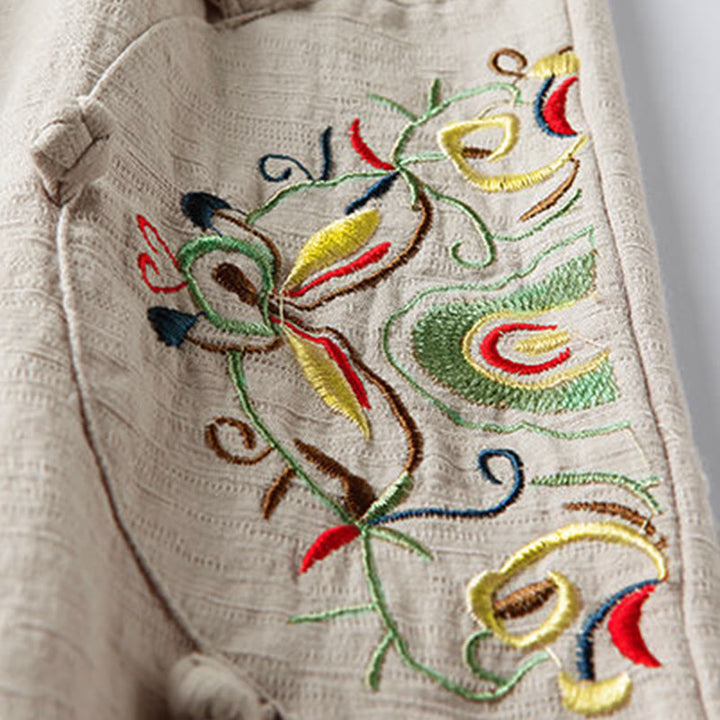Pantaloni larghi da donna in cotone con ricamo etnico primaverile Buddha Stones e tasche - image 3