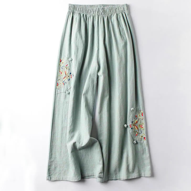 Pantaloni larghi da donna in cotone con ricamo etnico primaverile Buddha Stones e tasche - Verde pallido - US12, UK/AU16, EU44 (4XL) - image 6