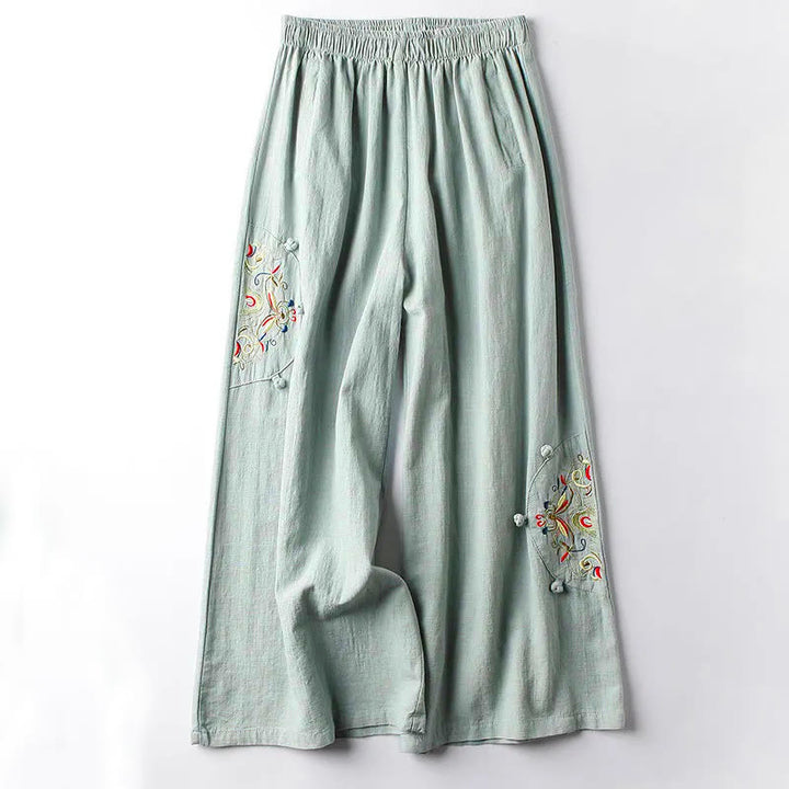 Pantaloni larghi da donna in cotone con ricamo etnico primaverile Buddha Stones e tasche - Verde pallido - US12, UK/AU16, EU44 (4XL) - image 6