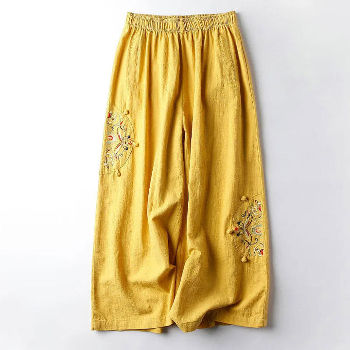 Pantaloni larghi da donna in cotone con ricamo etnico primaverile Buddha Stones e tasche - Oro - US12, UK/AU16, EU44 (4XL) - image 9