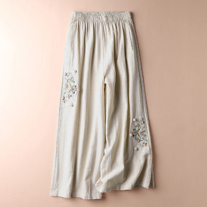 Pantaloni larghi da donna in cotone con ricamo etnico primaverile Buddha Stones e tasche - image 2