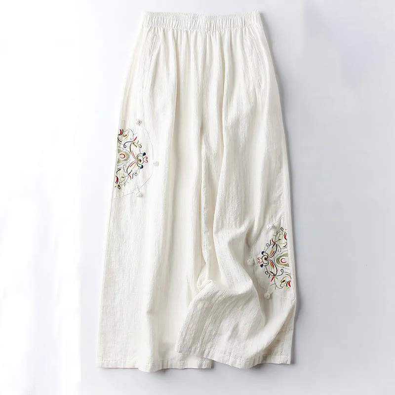 Pantaloni larghi da donna in cotone con ricamo etnico primaverile Buddha Stones e tasche - OldLace - US12, UK/AU16, EU44 (4XL) - image 4