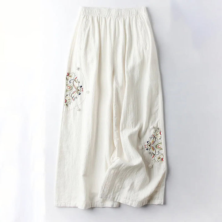 Pantaloni larghi da donna in cotone con ricamo etnico primaverile Buddha Stones e tasche - OldLace - US12, UK/AU16, EU44 (4XL) - image 4