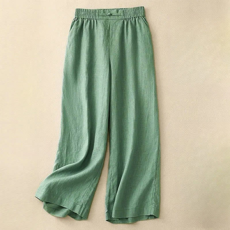 Pantaloni da donna in lino e cotone con tasche, versatili, a gamba larga, con elastico in vita, tinta unita , Buddha Stones - MedioPrimaveraVerde - US12, UK/AU16, EU44 (3XL) - image 1