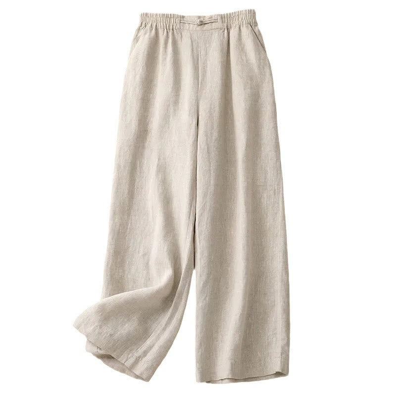 Pantaloni da donna in lino e cotone con tasche, versatili, a gamba larga, con elastico in vita, tinta unita , Buddha Stones - image 17