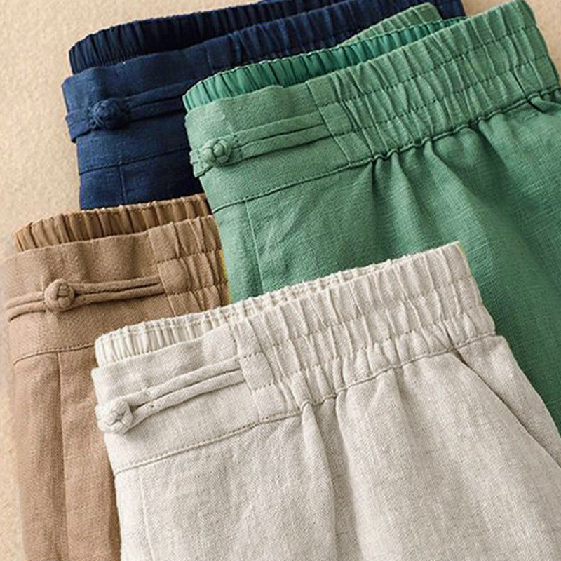 Pantaloni da donna in lino e cotone con tasche, versatili, a gamba larga, con elastico in vita, tinta unita , Buddha Stones - image 19