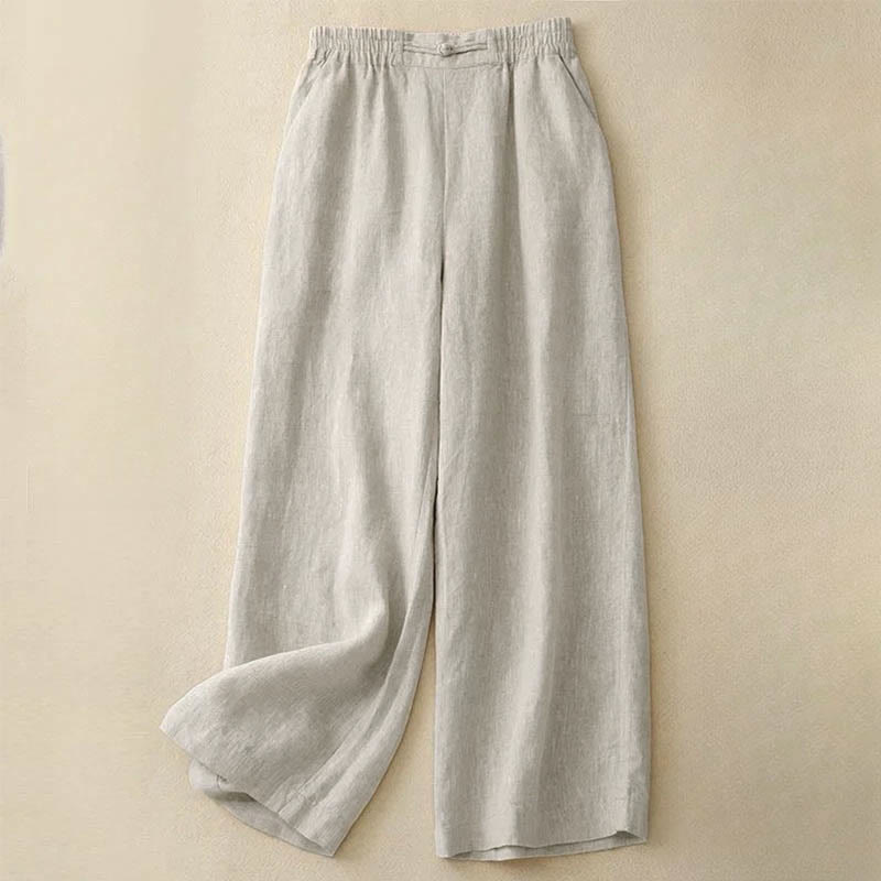 Pantaloni da donna in lino e cotone con tasche, versatili, a gamba larga, con elastico in vita, tinta unita , Buddha Stones - Beige - US12, UK/AU16, EU44 (3XL) - image 12