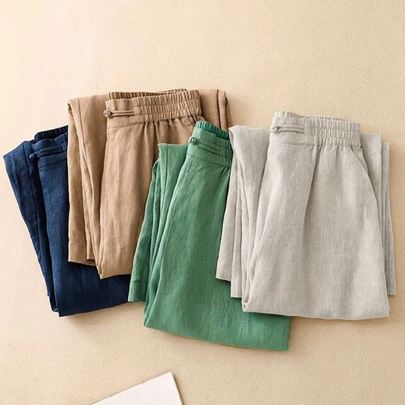 Pantaloni da donna in lino e cotone con tasche, versatili, a gamba larga, con elastico in vita, tinta unita , Buddha Stones - image 18