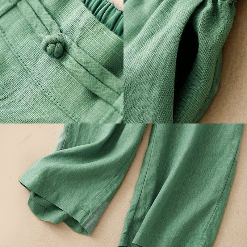 Pantaloni da donna in lino e cotone con tasche, versatili, a gamba larga, con elastico in vita, tinta unita , Buddha Stones - image 3