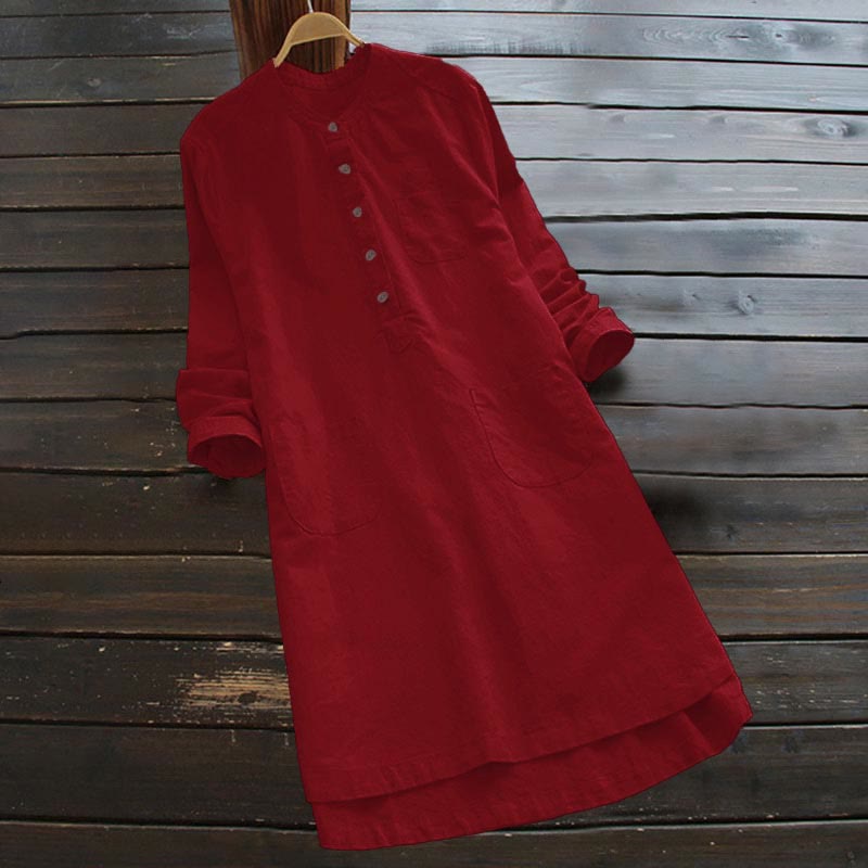 Camicia da donna a maniche lunghe con tasche e bottoni in tinta unita Buddha Stones - Rosso - US16, UK/AU20, EU48 (5XL) - image 17