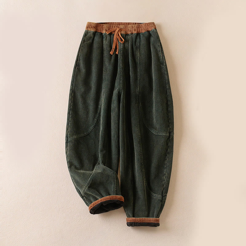 Pantaloni harem da donna in velluto a coste con contrasto di colore, foderati in pile termico e tasche, con Buddha Stones - Velluto a coste · Foderato in pile - Verde studentesco - US16, UK/AU20, EU48 (3XL) - image 0