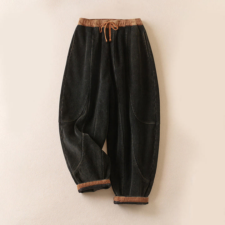 Pantaloni harem da donna in velluto a coste con contrasto di colore, foderati in pile termico e tasche, con Buddha Stones - Nero - US16, UK/AU20, EU48 (3XL) - image 0
