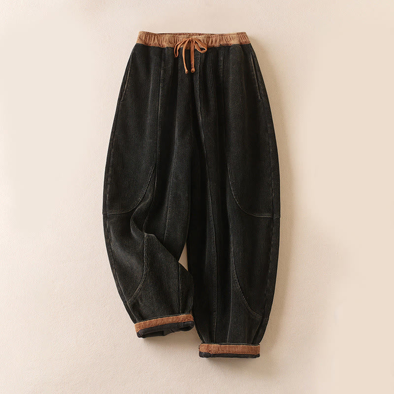 Pantaloni harem da donna in velluto a coste con contrasto di colore, foderati in pile termico e tasche, con Buddha Stones - Nero - US16, UK/AU20, EU48 (3XL) - image 0