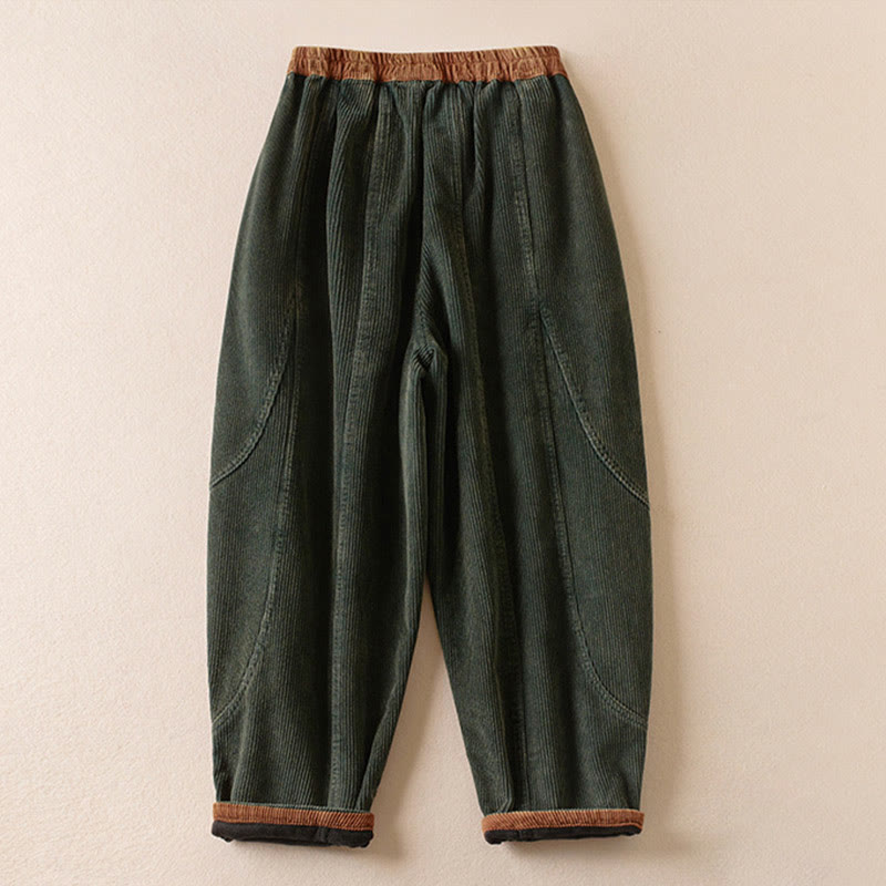 Pantaloni harem da donna in velluto a coste con contrasto di colore, foderati in pile termico e tasche, con Buddha Stones - image 1