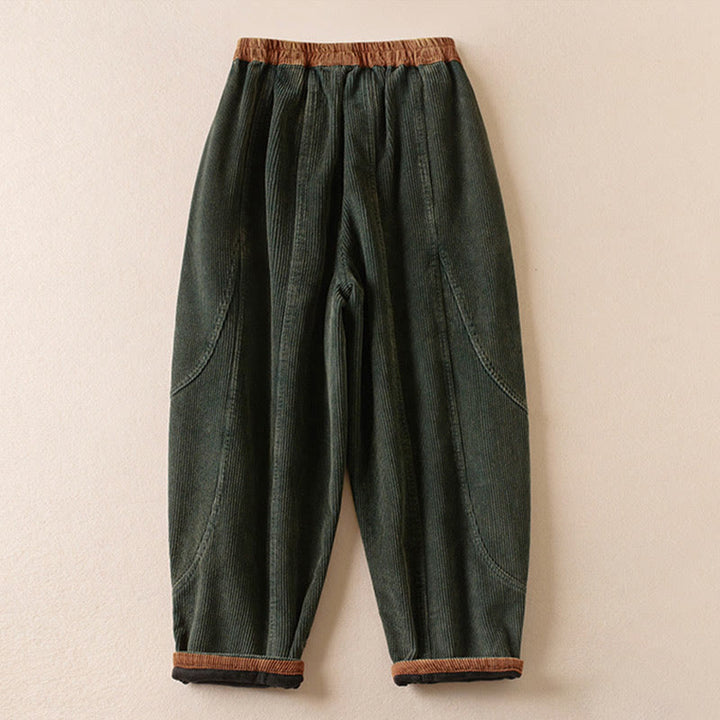 Pantaloni harem da donna in velluto a coste con contrasto di colore, foderati in pile termico e tasche, con Buddha Stones - image 1