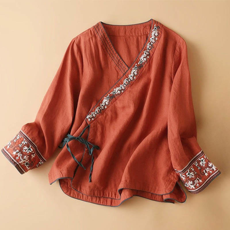Camicia da donna in cotone a maniche lunghe con scollo a V, motivo Buddha Stones, fiori ricamati casual - Mattoni refrattari - US12, UK/AU16, EU44 (3XL) - image 1