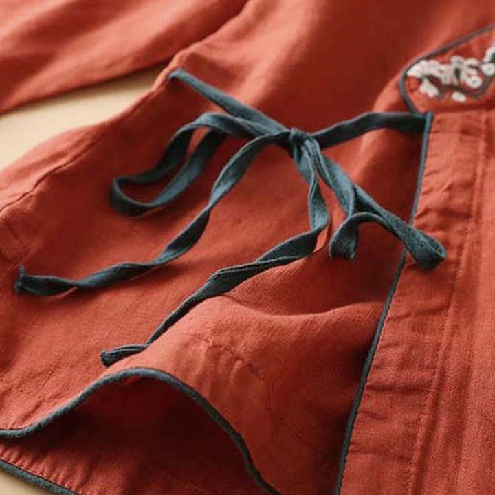 Camicia da donna in cotone a maniche lunghe con scollo a V, motivo Buddha Stones, fiori ricamati casual - image 1