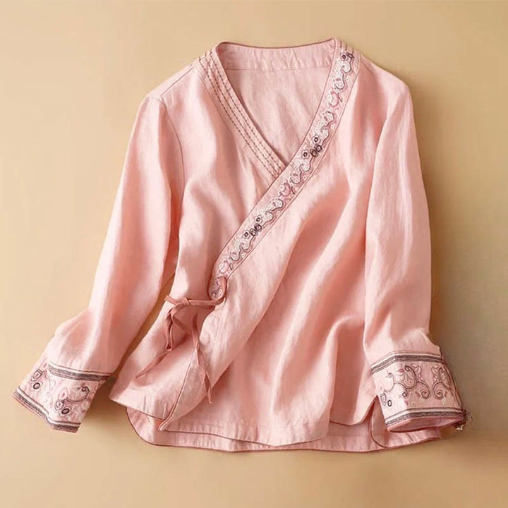Camicia da donna in cotone a maniche lunghe con scollo a V, motivo Buddha Stones, fiori ricamati casual - Rosa - US12, UK/AU16, EU44 (3XL) - image 4