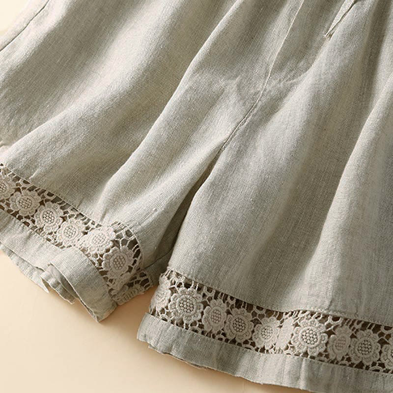 Pantaloncini da donna in cotone e lino con lacci e tasche, in tinta unita, con fondo in pizzo cavo , Buddha Stones - image 9