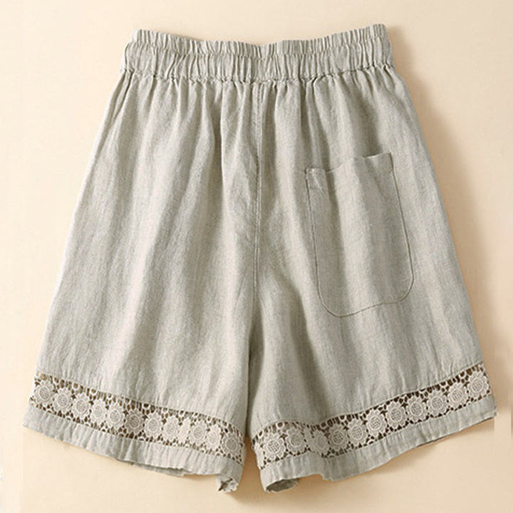 Pantaloncini da donna in cotone e lino con lacci e tasche, in tinta unita, con fondo in pizzo cavo , Buddha Stones - image 3