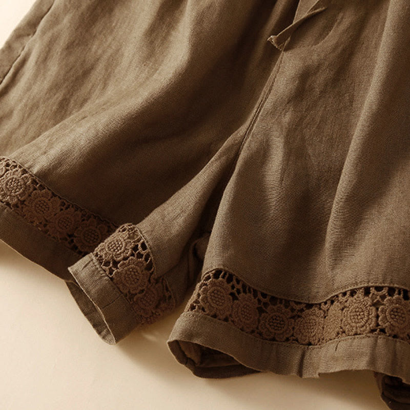 Pantaloncini da donna in cotone con lacci e tasche, modello Buddha Stones, tinta unita, con fondo in pizzo cavo - image 52