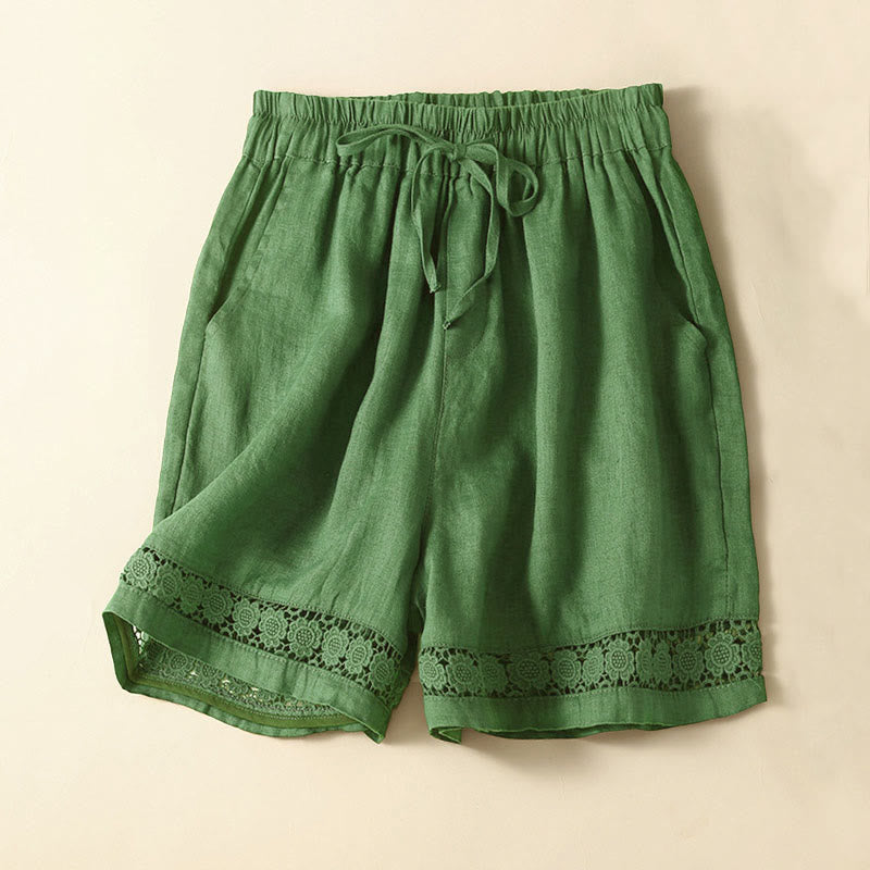 Pantaloncini da donna in cotone e lino con lacci e tasche, in tinta unita, con fondo in pizzo cavo , Buddha Stones - Verde - US12, UK/AU16, EU44 (3XL) - image 30