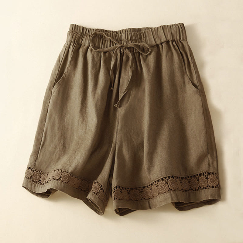 Pantaloncini da donna in cotone e lino con lacci e tasche, in tinta unita, con fondo in pizzo cavo , Buddha Stones - Oliva - US12, UK/AU16, EU44 (3XL) - image 51