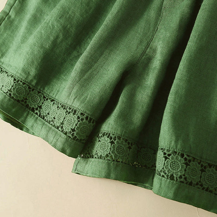 Pantaloncini da donna in cotone e lino con lacci e tasche, in tinta unita, con fondo in pizzo cavo , Buddha Stones - image 32