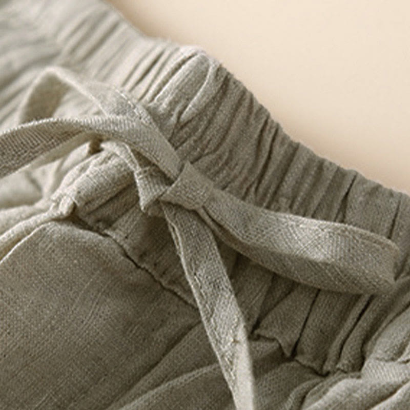 Pantaloncini da donna in cotone e lino con lacci e tasche, in tinta unita, con fondo in pizzo cavo , Buddha Stones - image 4