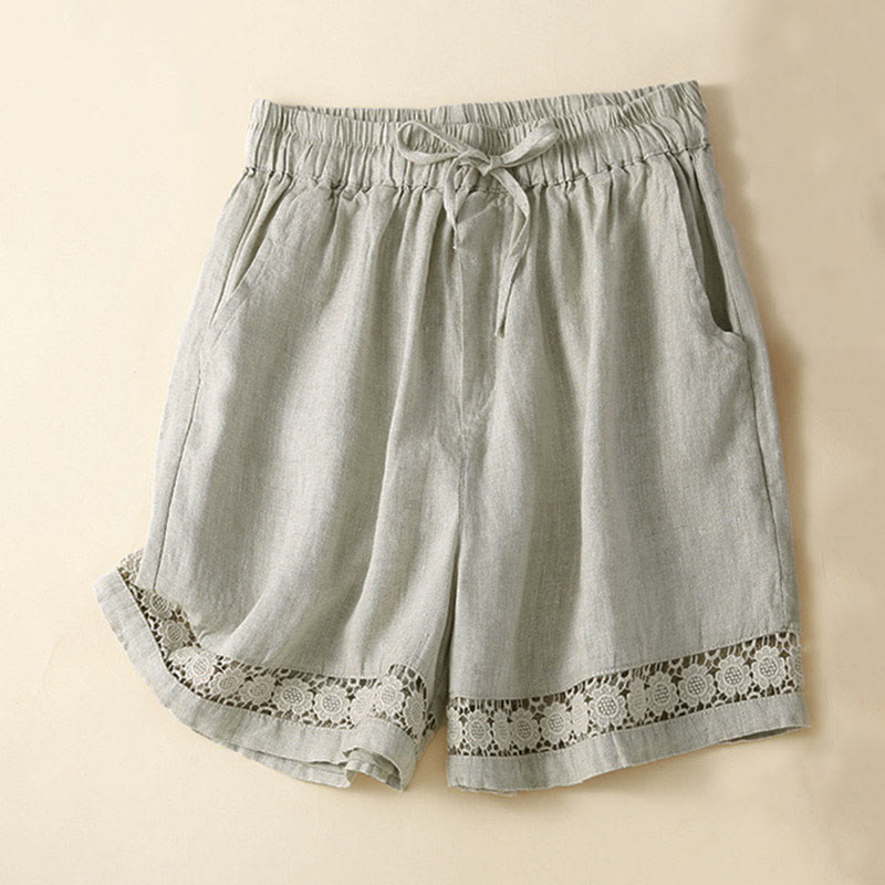 Pantaloncini da donna in cotone e lino con lacci e tasche, in tinta unita, con fondo in pizzo cavo , Buddha Stones - Beige - US12, UK/AU16, EU44 (3XL) - image 1