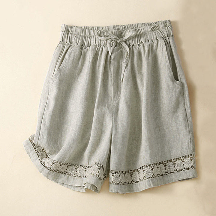 Pantaloncini da donna in cotone e lino con lacci e tasche, in tinta unita, con fondo in pizzo cavo , Buddha Stones - Beige - US12, UK/AU16, EU44 (3XL) - image 1