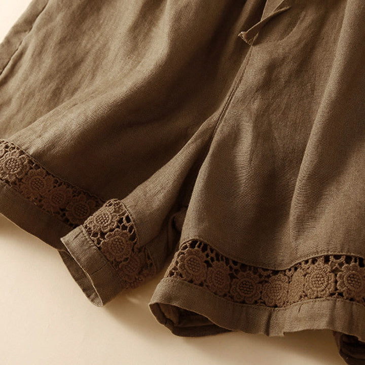 Pantaloncini da donna in cotone e lino con lacci e tasche, in tinta unita, con fondo in pizzo cavo , Buddha Stones - image 53