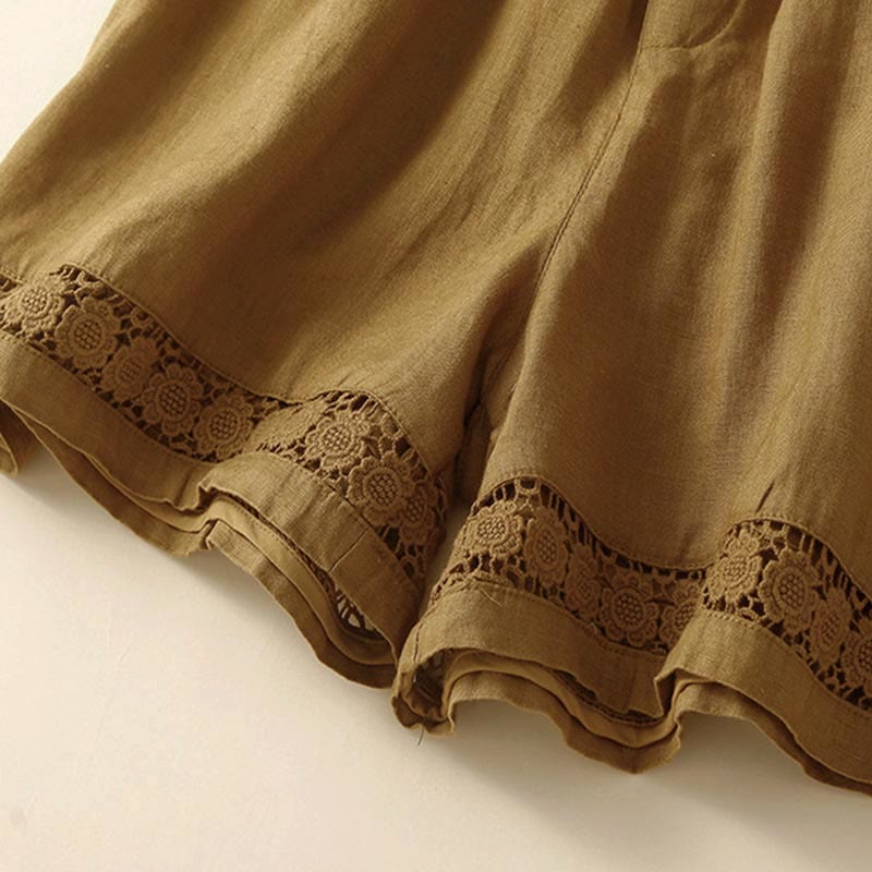 Pantaloncini da donna in cotone e lino con lacci e tasche, in tinta unita, con fondo in pizzo cavo , Buddha Stones - image 28