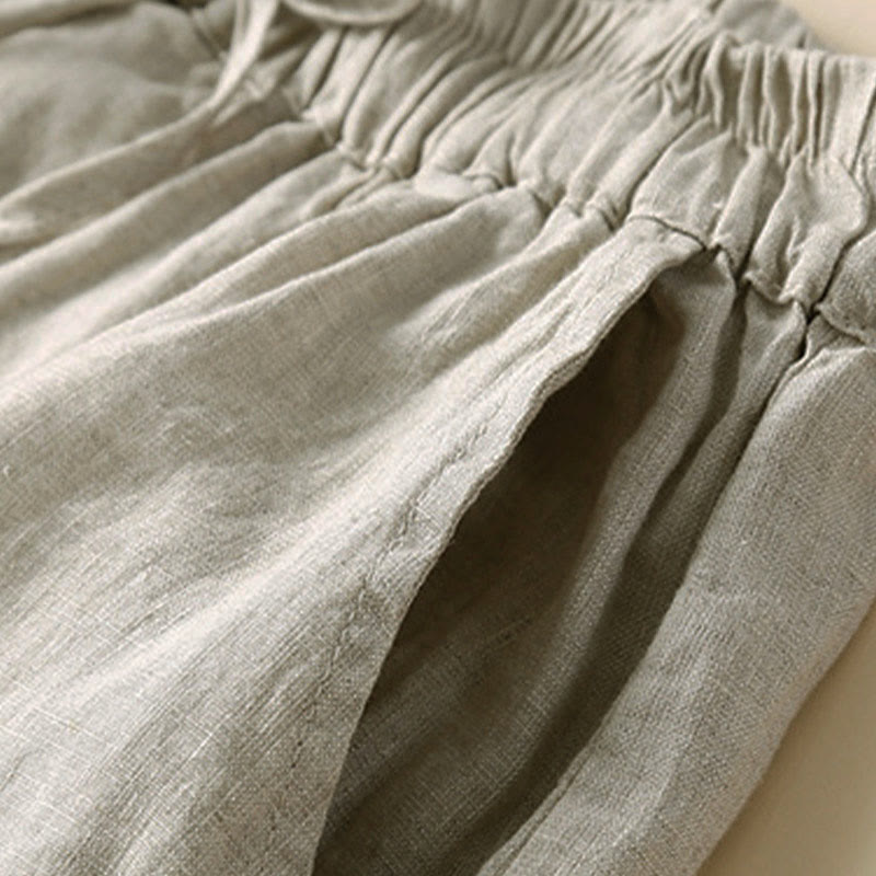 Pantaloncini da donna in cotone e lino con lacci e tasche, in tinta unita, con fondo in pizzo cavo , Buddha Stones - image 5