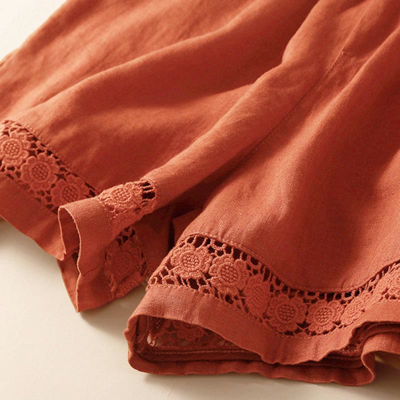 Pantaloncini da donna in cotone e lino con lacci e tasche, in tinta unita, con fondo in pizzo cavo , Buddha Stones - image 48