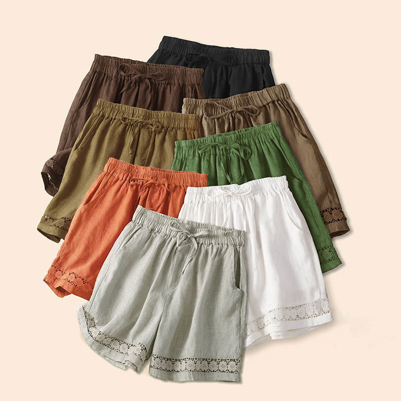 Pantaloncini da donna in cotone e lino con lacci e tasche, in tinta unita, con fondo in pizzo cavo , Buddha Stones - image 2